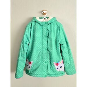 VGUC Mini Boden Polka Dot Appliqué Sherpa Lined Anorak-Green Friends, Sz 11/12